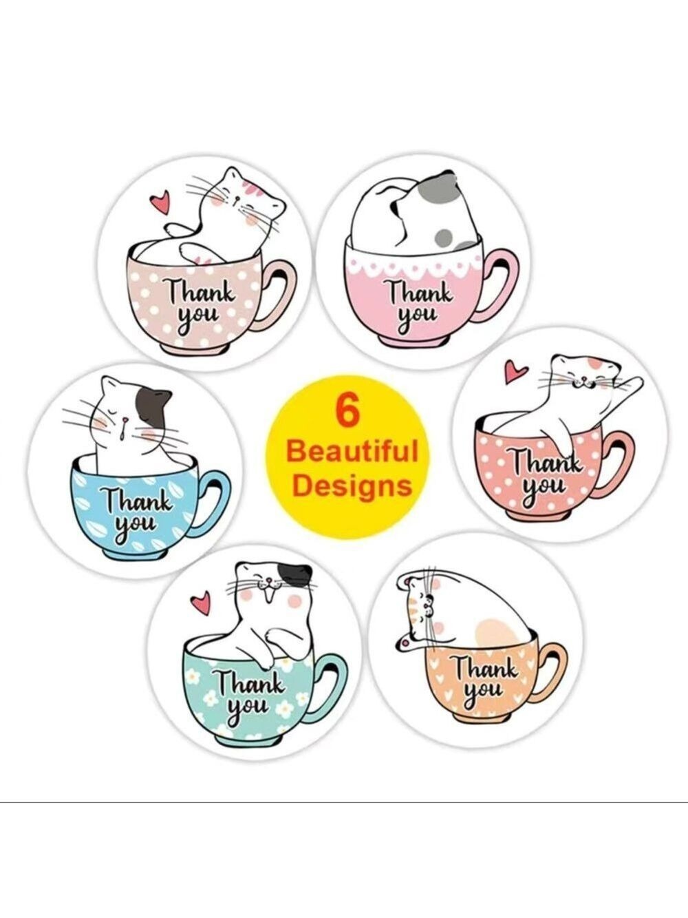 500 1”  Stickers, Kitty in Teacup, 1 inch , Thank You, Roll, PRICE IS FIRM - Picture 2 of 3